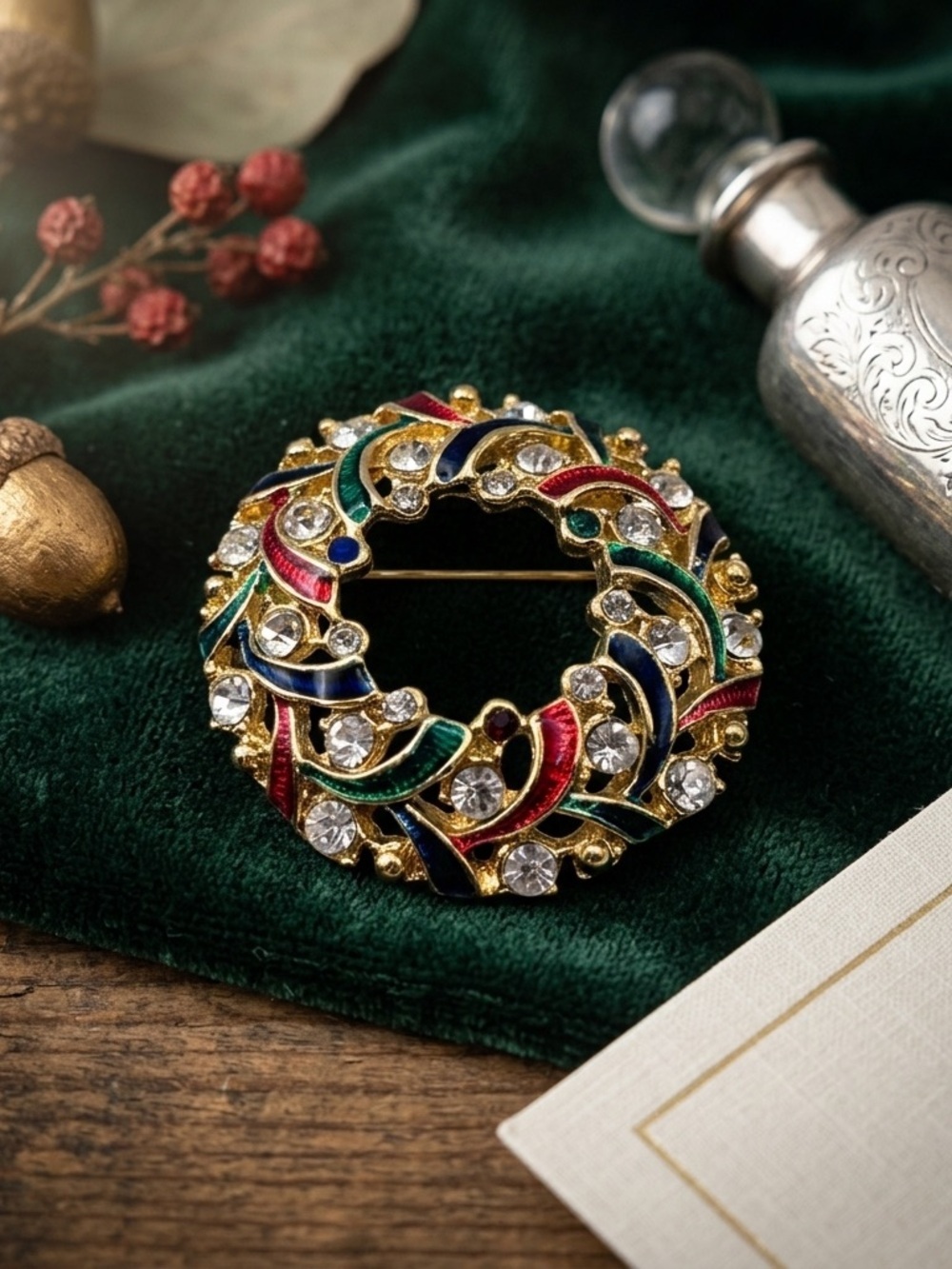 Vintage Multi-Colored Rhinestone Wreath Brooch | Retro Glam Holiday